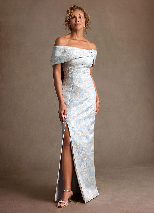 Azazie Zion Mother of the Brides Dresses Dusty Blue Sheath Off the Shoulder Floral Jacquard Dress image1