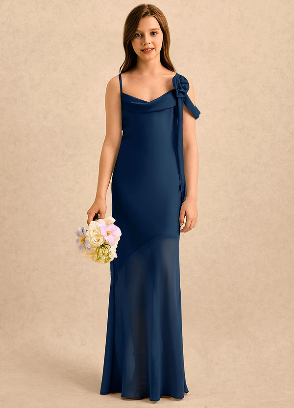 Azazie Kai Girls Formal Sukienki dla dziewczynek sypiących kwiaty Osłona Pofałdowany Satyna elastyczna Długość podłogi Sukienka image1