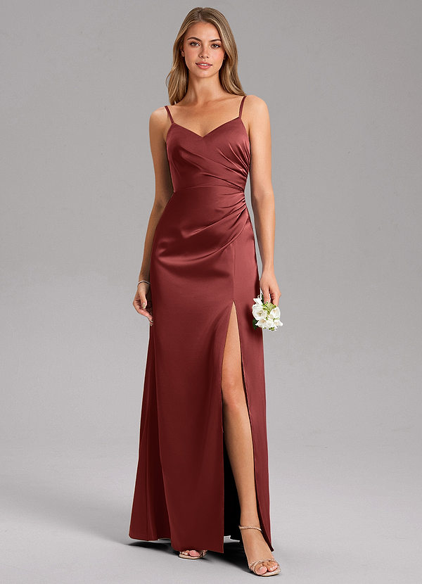 Azazie Azuree Brautjungfernkleider Eine Linie Plissee Stretch-Satin Kleid Terrakotta image1