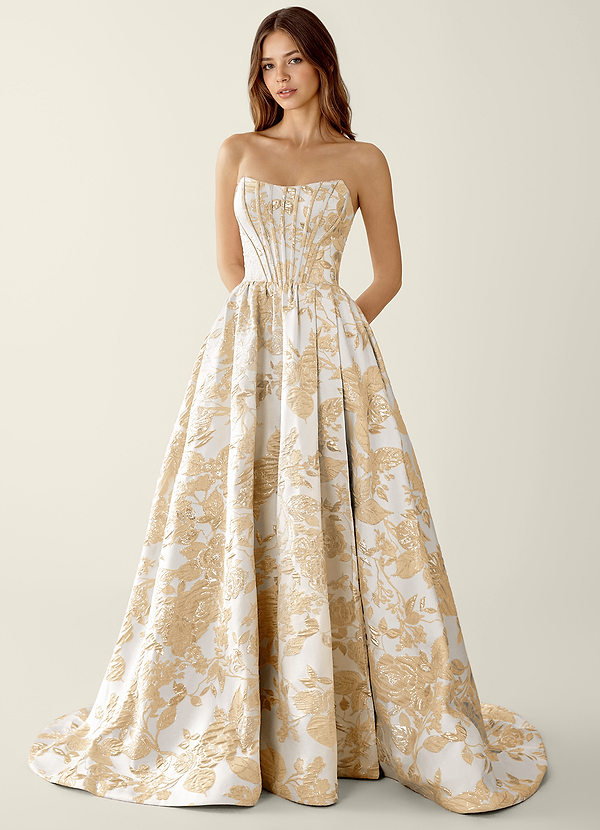 Allegra Champagne Robe de bal portefeuille en jacquard fleuri, coupe trapèze image1