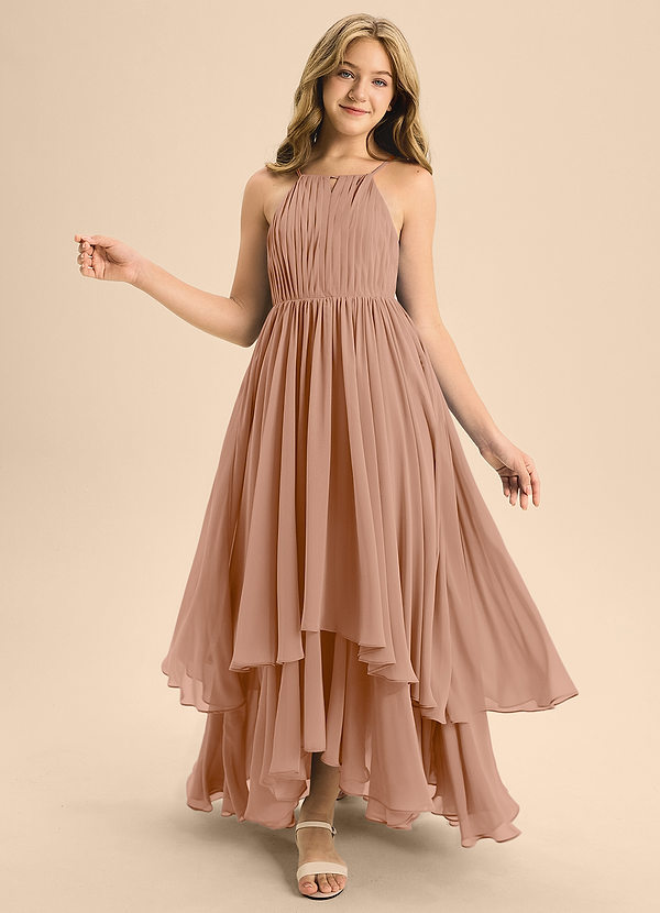 Azazie Elliora Junior Abito A-Line in Chiffon Plissettato Champagne Rosa image1