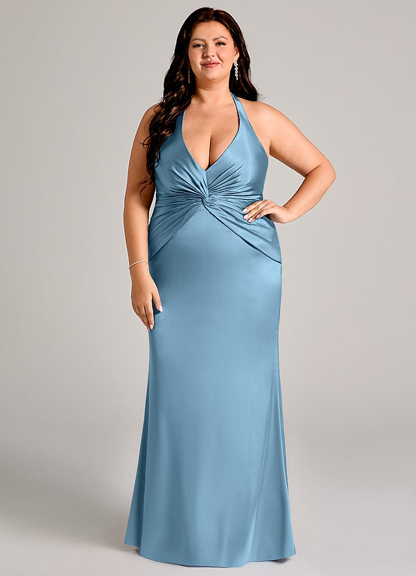 Azazie Valerie Vestidos Dama de Honor Vestido de Azul Acero de Satén Elástico de Corte Sirena con Plisado image1