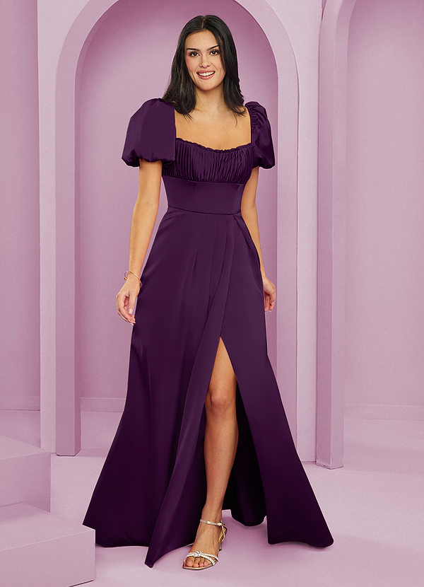 Barbie ♥ Azazie Bridesmaid Dresses Grape A-Line Ruched Stretch Satin Dress image1
