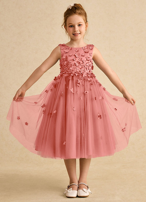 Azazie Lana Flower Girl Dresses Salmon Pink A-Line Sleeveless Matte Satin Dress image1