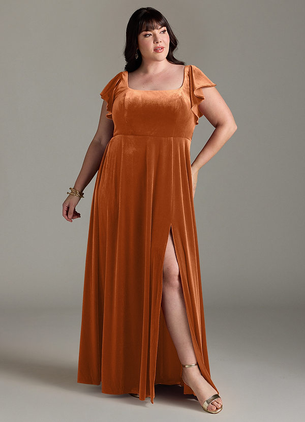 Azazie Bondi Bridesmaid Dresses Burnt Orange A-Line Side Slit Velvet Dress image1