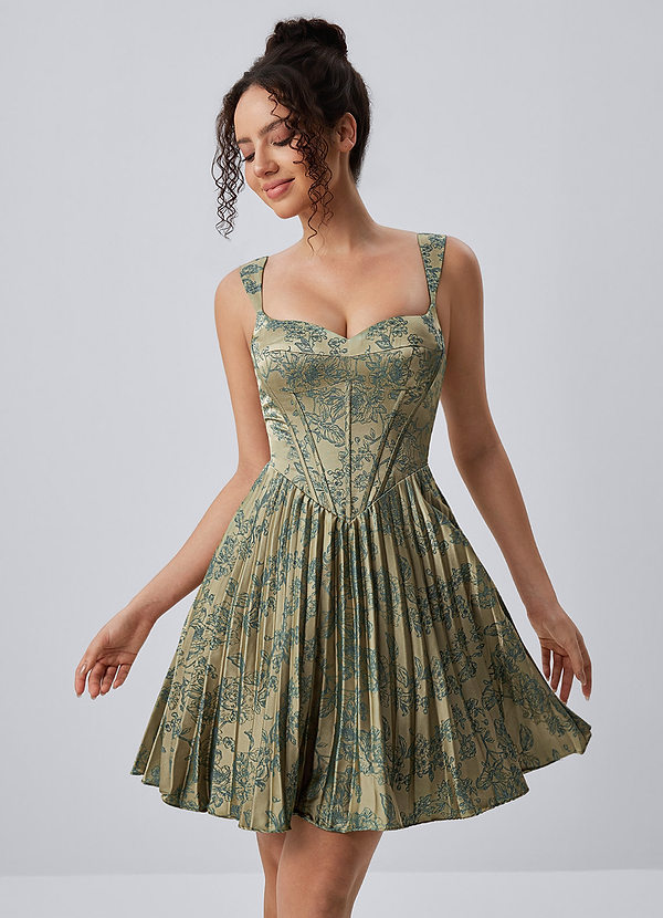 Jade Platino Verde Azulado Minivestido plisado con cordones y estampado floral, tirantes finos image1