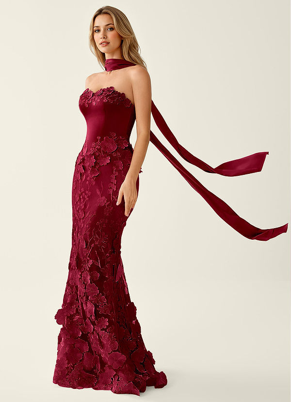 Wrensincia Burgundy 3D Flower Lace Satin Prom Dress image1