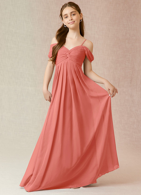 Azazie Kaitlynn Junior Salmon Pink A-Line Off the Shoulder Chiffon Dress image1