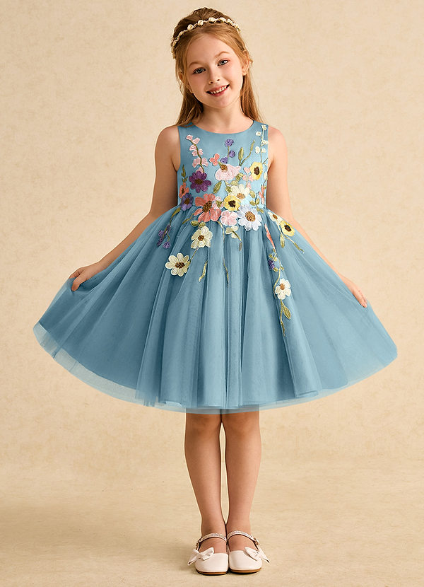 Azazie Prima Flower Girl Dresses Moody Blue A-Line Bow Tulle Dress image1