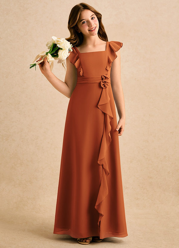 Azazie Soso Girls Formal Robes de Fillette d'Honneur Robe Trapèze en Mousseline de soie Plissée Cannelle image1