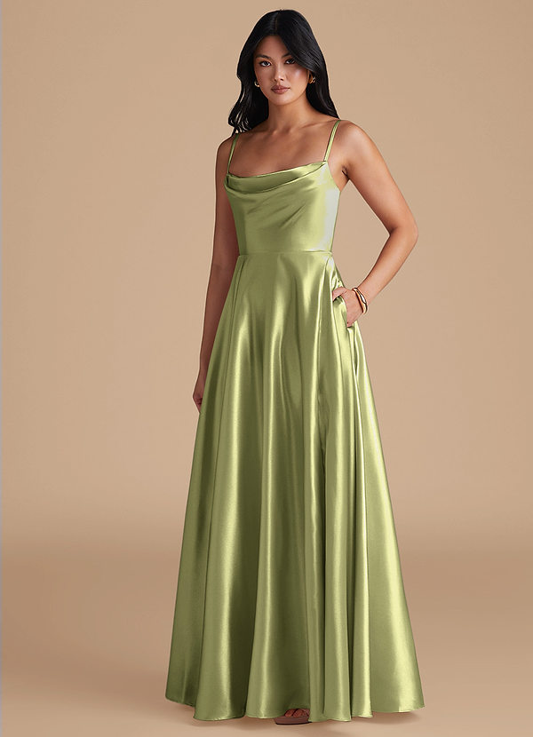 Azazie Elle Bridesmaid Dresses Pistachio A-Line with Pockets Metallic Satin Dress image1