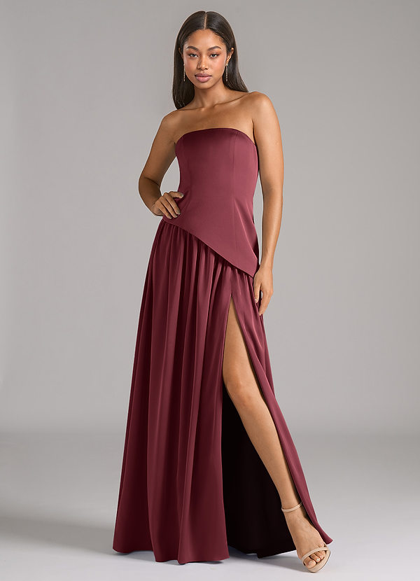 Azazie Adeline Vestidos Dama de Honor Vestido de Merlot de Satén Elástico de Corte en A Convertible con Sin tirantes image1