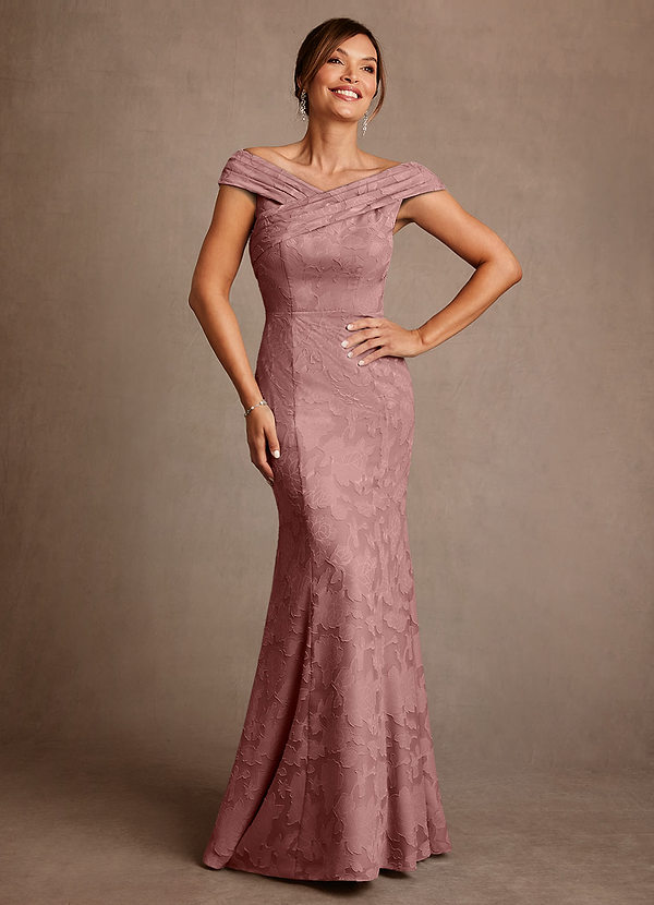 Azazie Aberdeen Mother of the Brides Dresses Dusty Rose Sheath Pleated Floral Burnout Dress image1