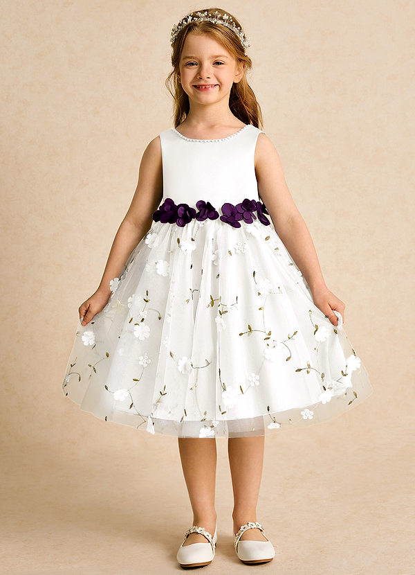 Azazie Starri Flower Girl Dresses Ivory Grape Ball-Gown Beaded Matte Satin Dress image1