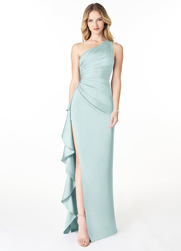 Azazie Latrice Bridesmaid Dresses Mist Sheath One Shoulder Cascading Ruffles Stretch Satin Dress image1