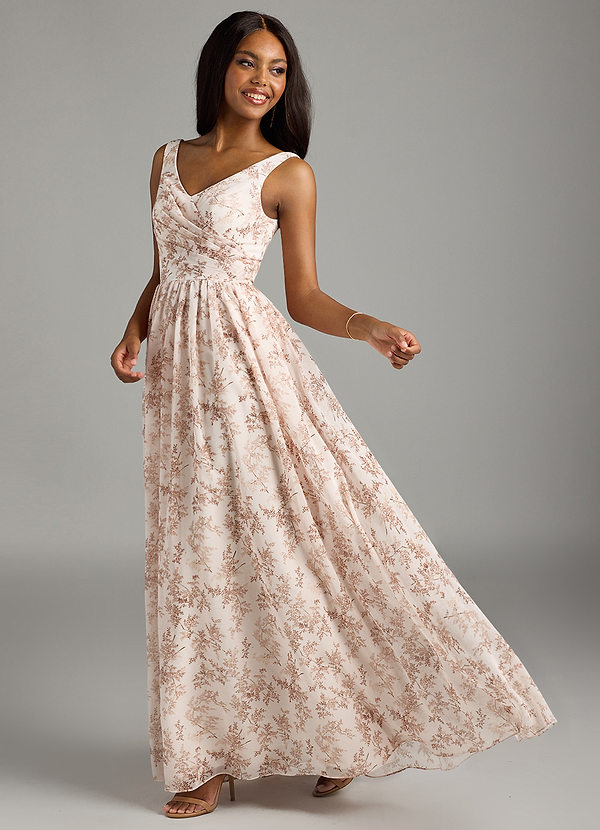 Azazie Keyla Bridesmaid Dresses Pink Fern Floral A-Line V-Neck Pleated Chiffon Dress image1