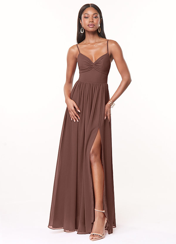 Azazie Zeya Bridesmaid Dresses Espresso A-Line V-Neck Pleated Chiffon Dress image1