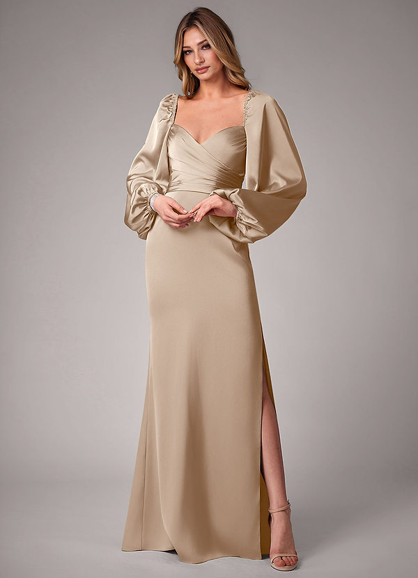 Azazie Sonata Brautjungfernkleider Wandelbar Etui Langarm Stretch-Satin Kleid Taupe image1