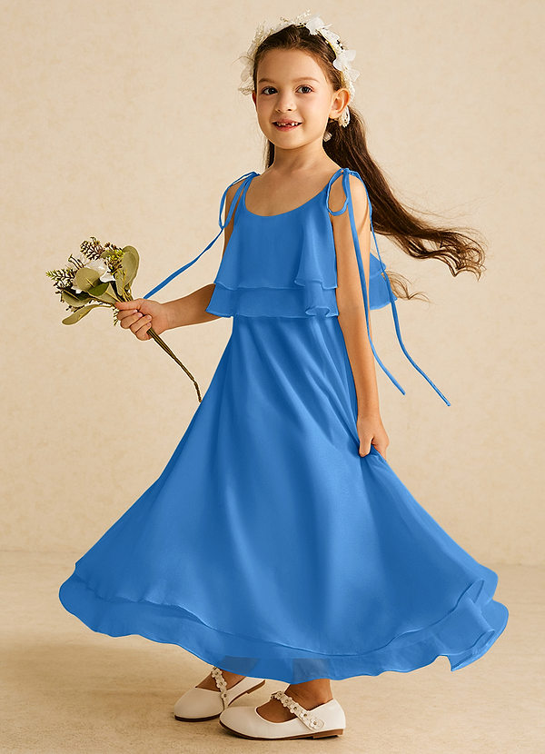 Azazie Temi Bloemenmeisjes Jurken A-Lijn Jurk van Chiffon Spaghetti Bandje Blauwe Gaai image1