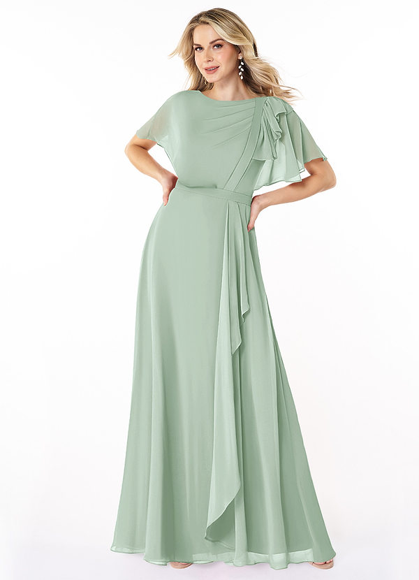 Azazie Aaliyah Modest Bridesmaid Dresses A-Line Scoop Pleated Chiffon Floor-Length Dress image1