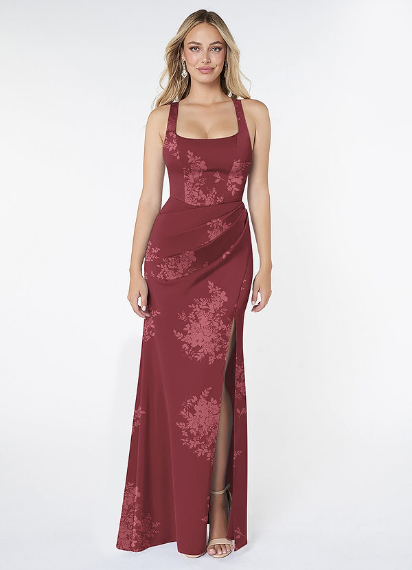 Azazie Mero Vestidos Dama de Honor Vestido de Ramo De Flores Burdeos de Satén Elástico de Corte Recto con Plisado image1