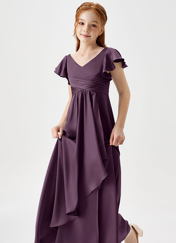 Azazie Omari Junior Vestido de Ciruela de Satén Elástico de Corte en A con Plisado image1
