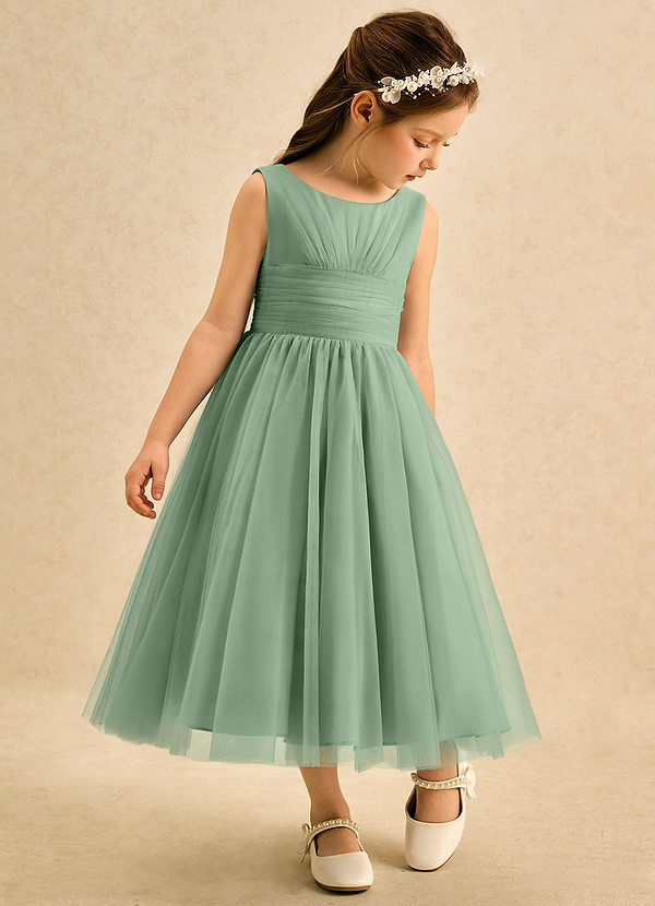 Azazie Macaron Robes de Fillette d'Honneur Robe Trapèze en Tulle Plissée Matcha image1