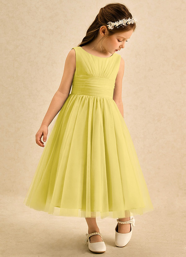 Azazie Macaron Flower Girl Dresses Canary A-Line Pleated Tulle Dress image1