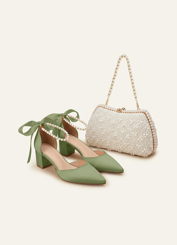 front Matching Color Matte Satin Pearl and Bow Pointed Toe Block Heels & Beaded Clutch Set