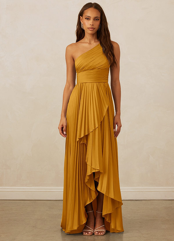 Christian Siriano Bridal for Azazie 1008 Robes Demoiselle d'honneur Robe Trapèze en Satin extensible Ue épaule Caramel écossais image1