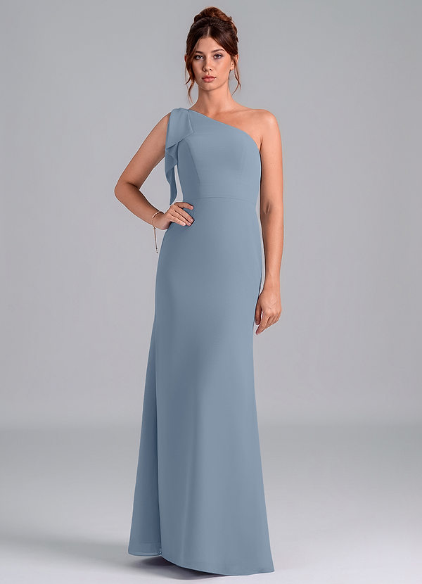 Azazie Rinna Bridesmaid Dresses Dusty Blue Mermaid One Shoulder Chiffon Dress image1