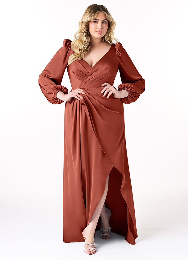 Azazie Mel Bridesmaid Dresses Terracotta Sheath Long Sleeve Stretch Satin Dress image1