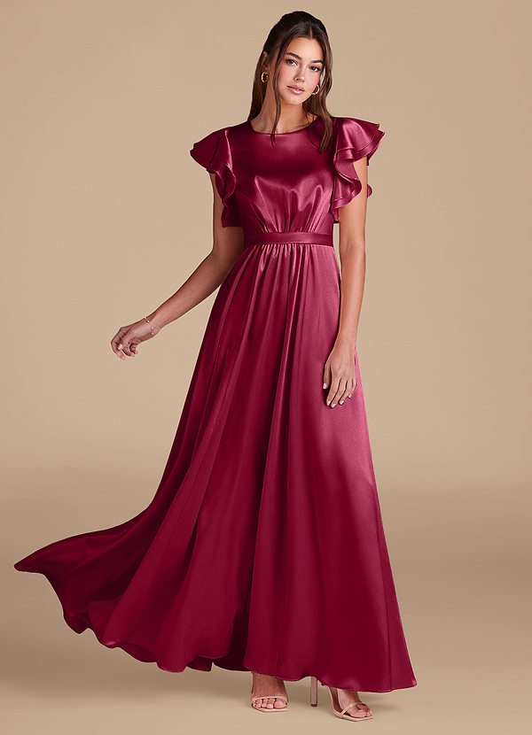 Azazie Daphne Modest Bridesmaid Dresses A-Line Ruched Metallic Satin Floor-Length Dress image1