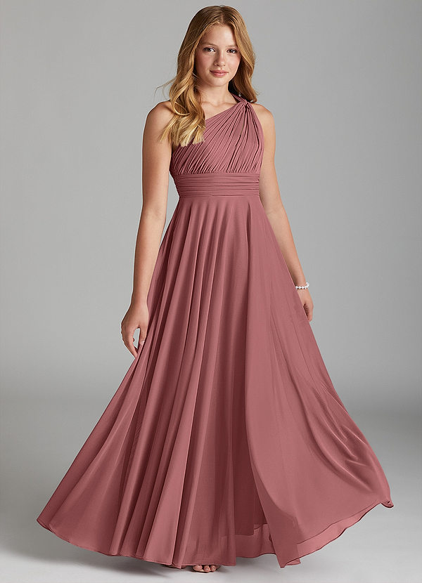 Azazie Charlize Junior Desert Rose A-Line Mesh Dress image1