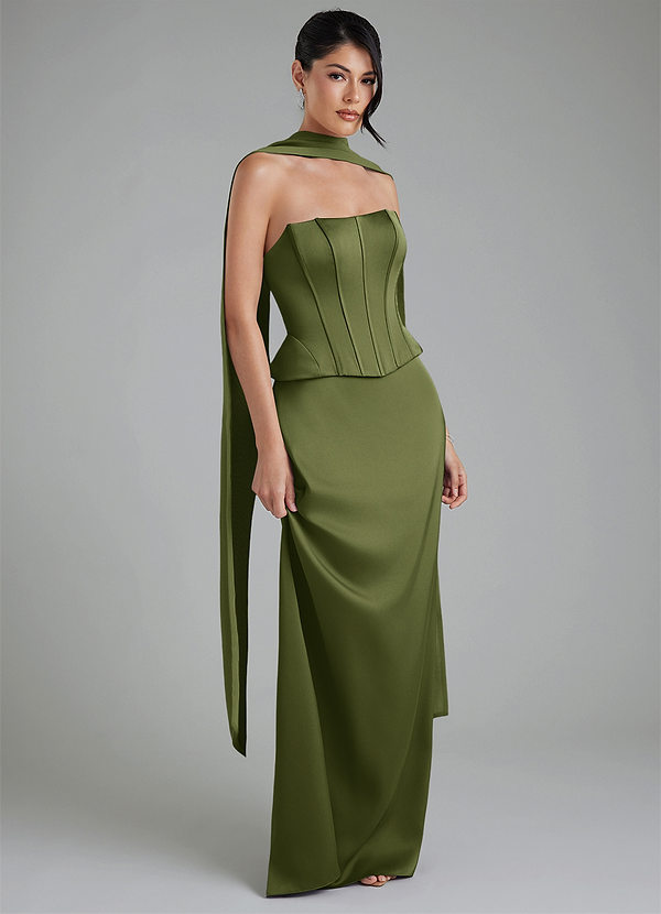 Azazie River Bridesmaid Dresses Olive Sheath Corset Stretch Satin Convertible Dress image1