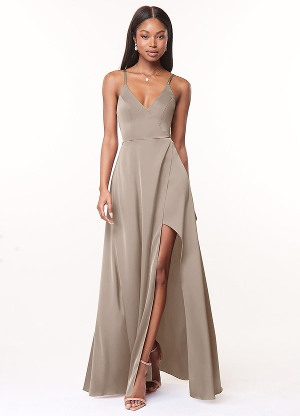 taupe color dress Azazie A-Line V-Neck Floor-Length Stretch Satin Bridesmaid Dresses Light Size:6.5W Silk & Chiffon Bridal Robes Biscotti Bridesmaid Dresses - sash for a flattering
