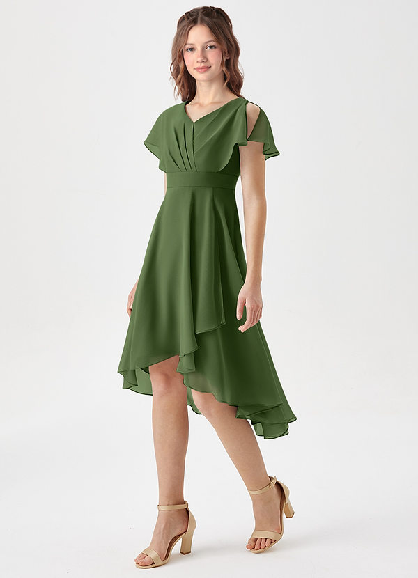 Azazie Graciela Junior Olive A-Line Pleated Chiffon Dress image1