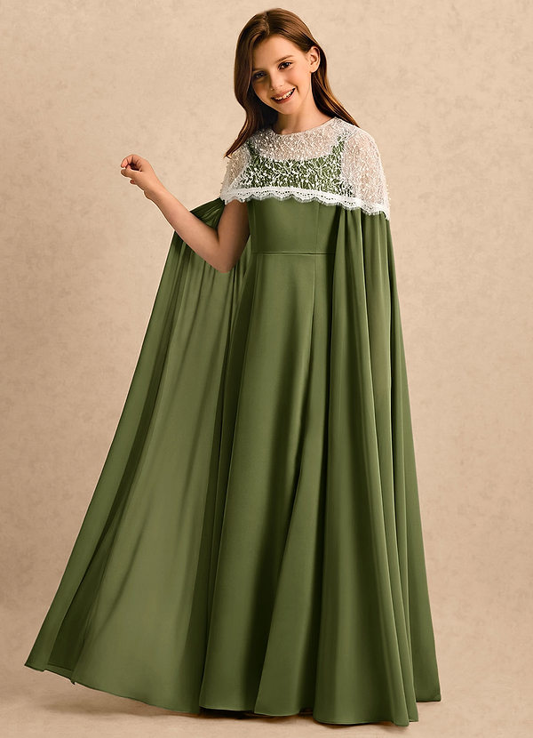 Azazie June Girls Formal Flower Girl Dresses Olive A-Line Lace Stretch Satin Dress image1