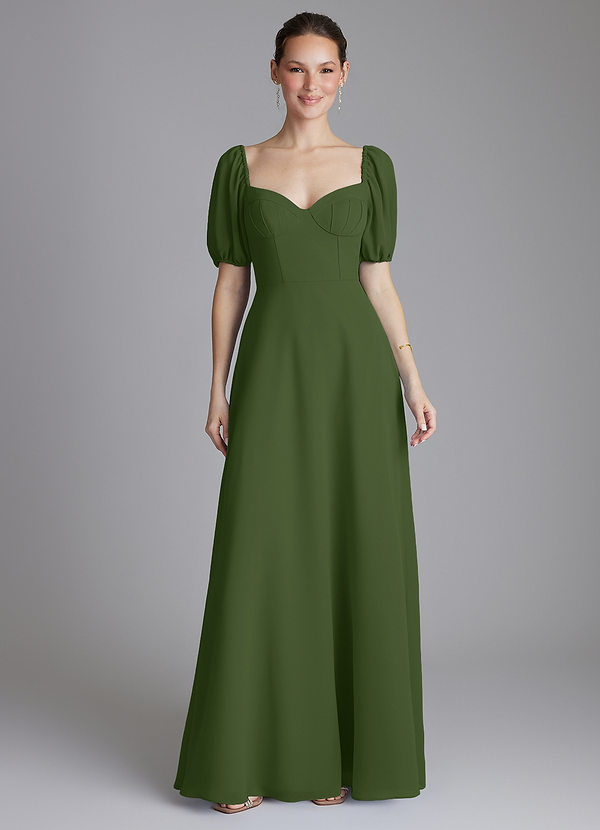 Azazie Fatima Bridesmaid Dresses Olive A-Line with Pockets Chiffon Dress image1