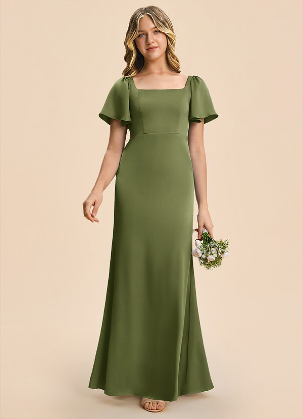 Azazie Chace Junior Olive Sheath Stretch Satin Dress image1