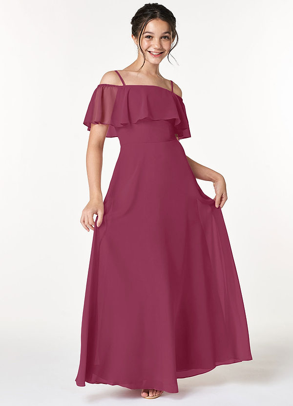 Azazie Maggie Junior Mulberry A-Line Off the Shoulder Chiffon Dress image1