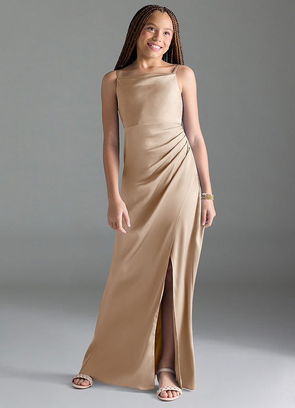 Azazie Leonis Junior Taupe A-Line Pleated Stretch Satin Dress image1