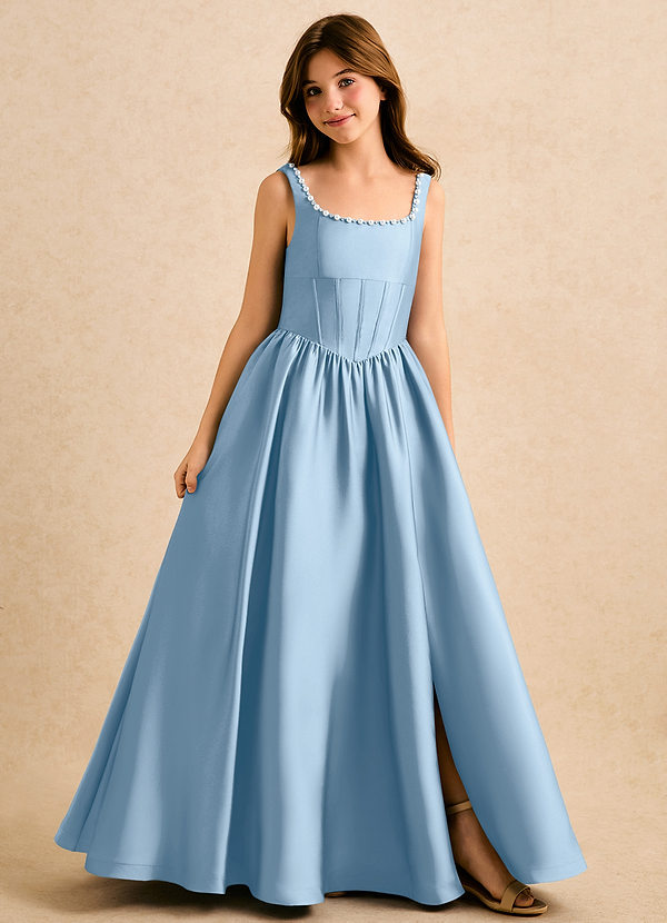 Azazie Enid Girls Formal Flower Girl Dresses Powder Blue A-Line Beaded Stretch Satin Dress image1