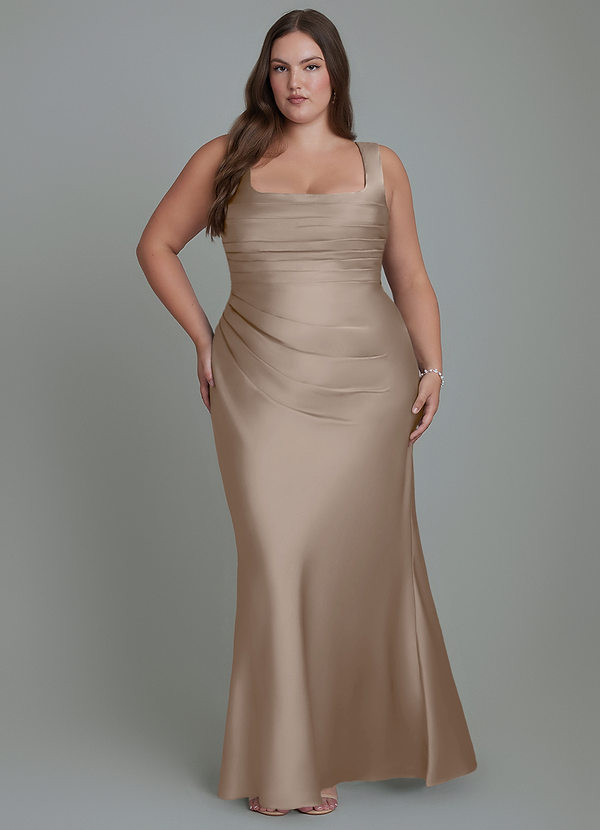 Azazie Agustina Bridesmaid Dresses Taupe Mermaid Corset Stretch Satin Dress image1