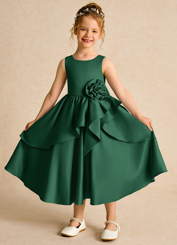 Azazie Hermia Robes de Fillette d'Honneur Robe Trapèze en Mat Satiné Sans manches Vert Foncé image1