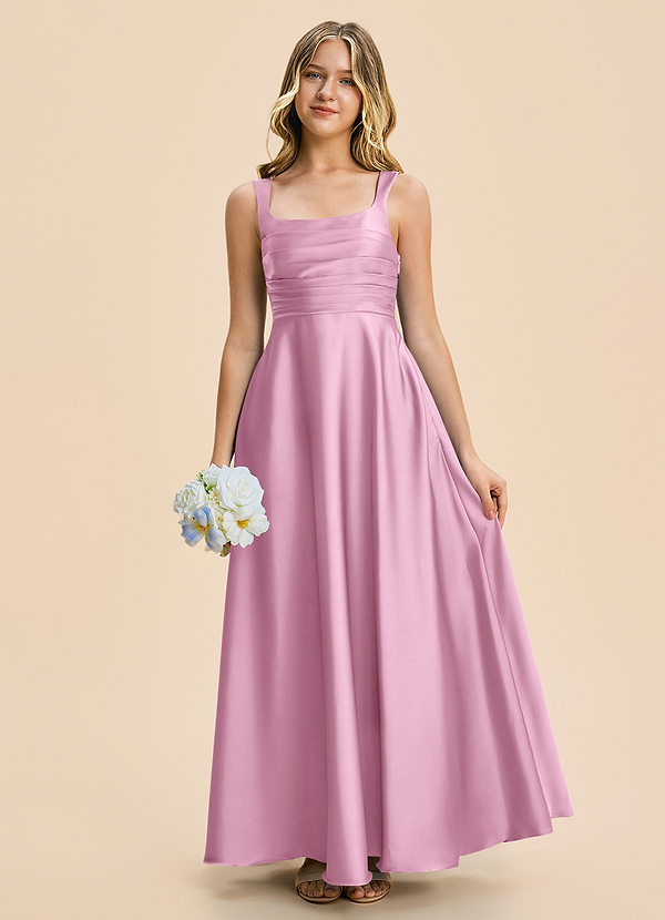 Azazie Azaria Junior Candy Pink A-Line Pleated Stretch Satin Dress image1