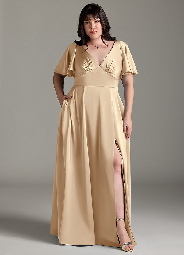 Azazie Kimber Bridesmaid Dresses Champagne A-Line Ruched Stretch Satin Dress image1