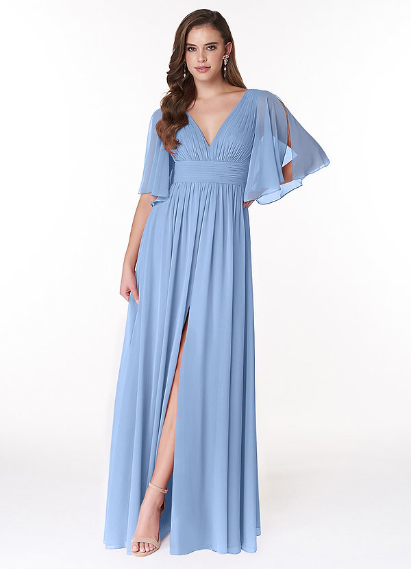 Azazie Temeka Brautjungfernkleider A-Linie Gestreift Chiffon Kleider Stahlblau image1
