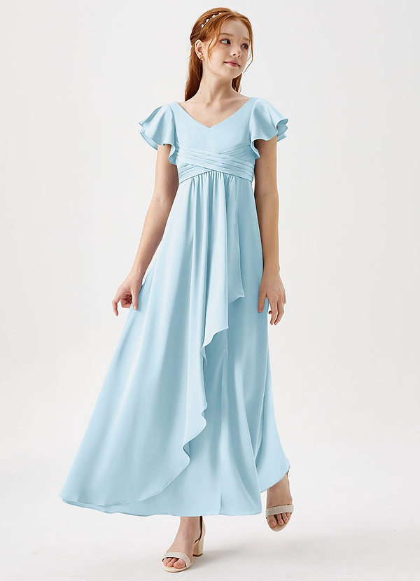 Azazie Omari Junior Sky Blue A-Line Pleated Stretch Satin Dress image1