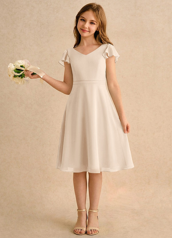 Azazie Narin Girls Formal Sukienki dla dziewczynek sypiących kwiaty Linia A z rękawami Szyfon Długość do kolan Sukienka image1